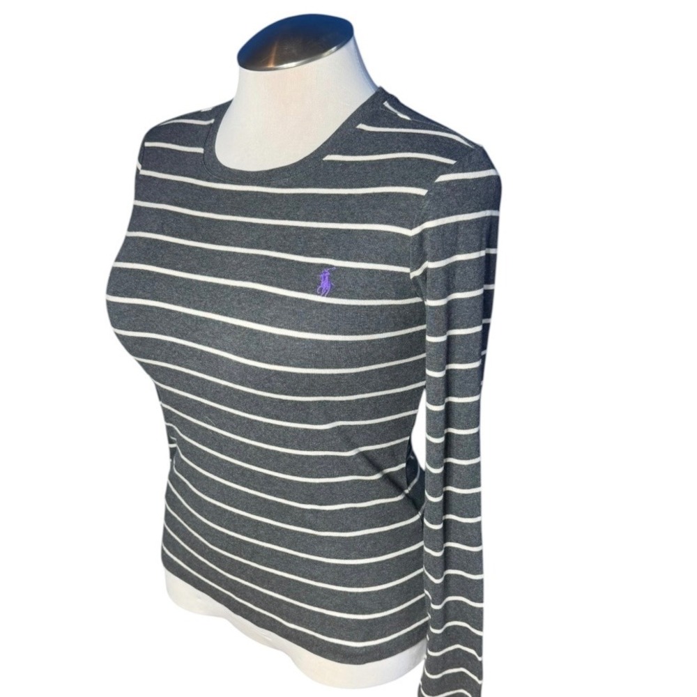 Ralph Lauren Sport Womens Large Grey White Striped Long Sleeve Cotton Top Pony